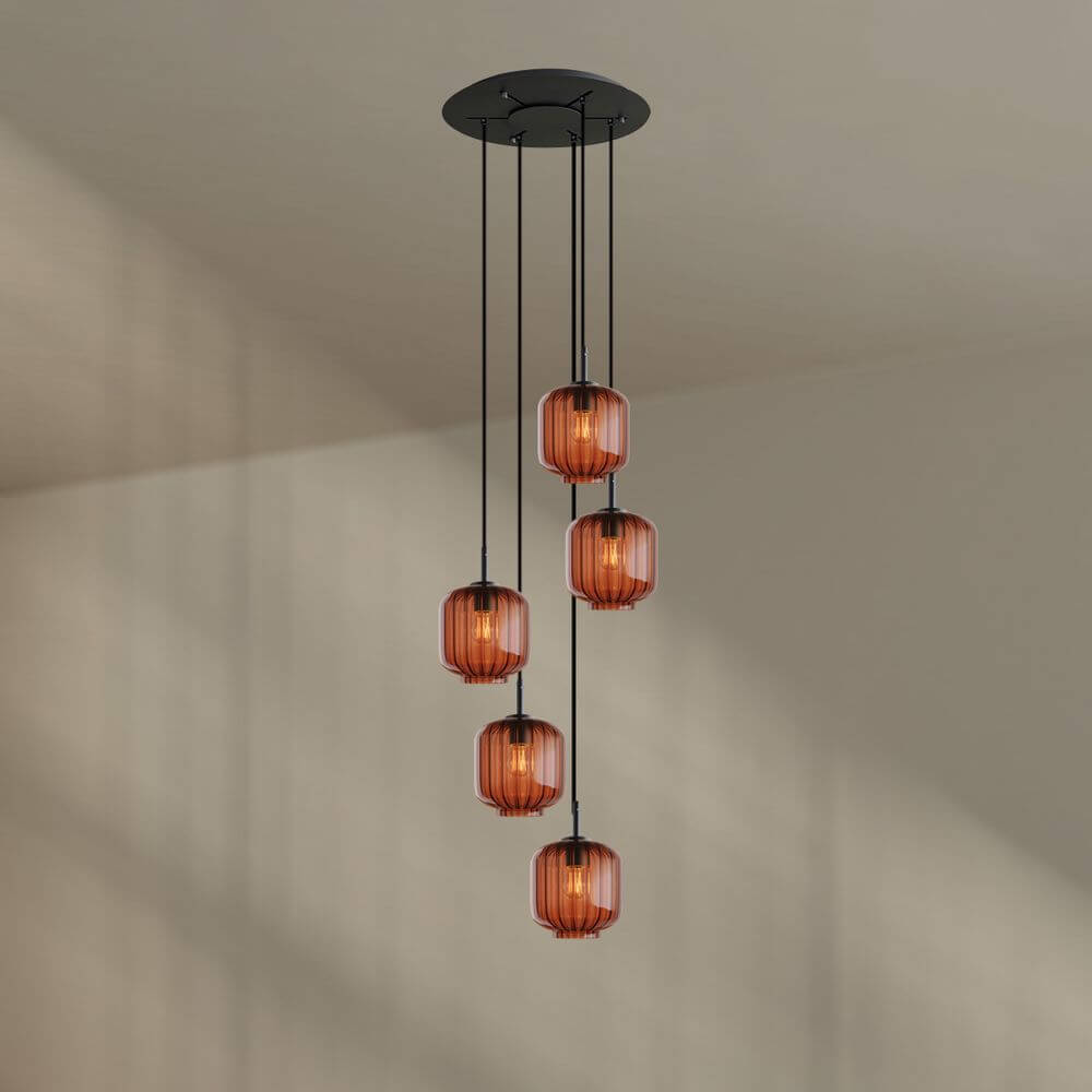 s.luce Velo 5-flammige Galerieleuchte Ø 60cm Baldachin Ø 20cm mit fünf eleganten Glasspendel.