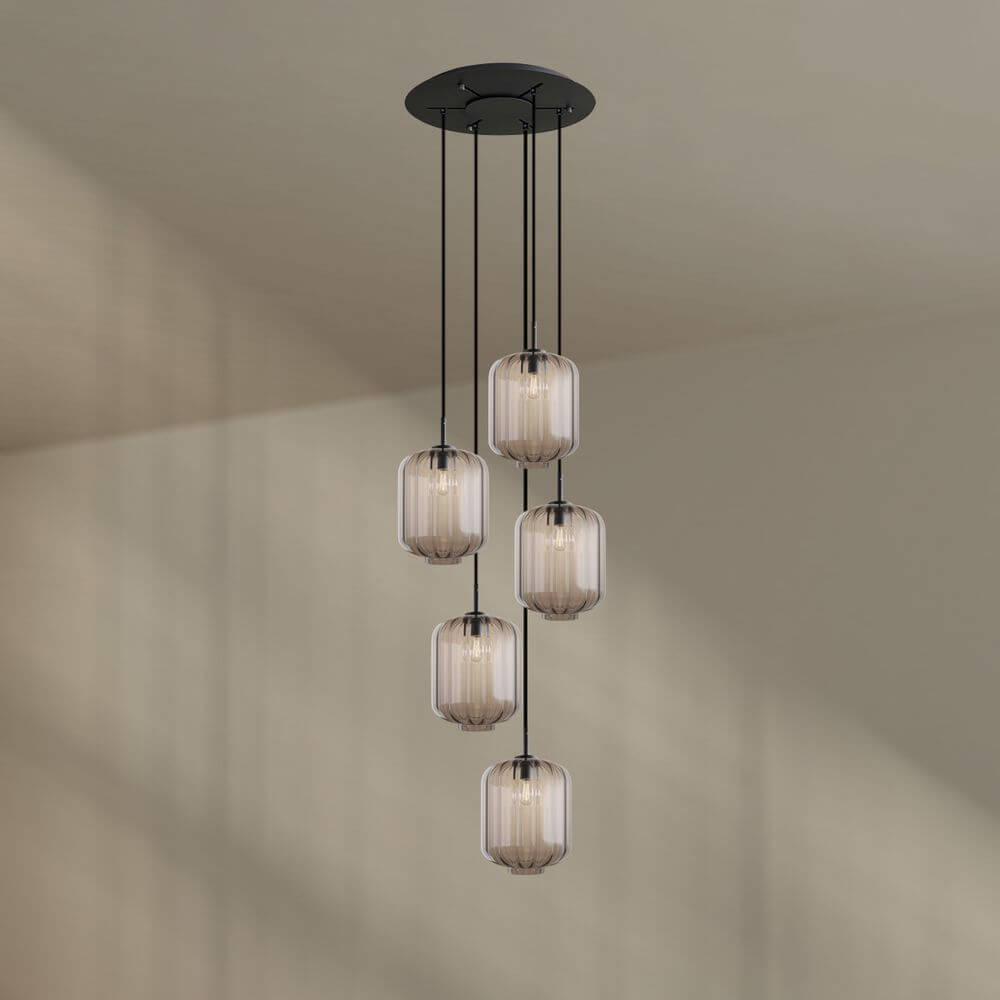 s.luce Velo Galerie-Hängelampe 5-flammig Ø 60cm Baldachin Ø 25cm mit fünf Glaspendeln