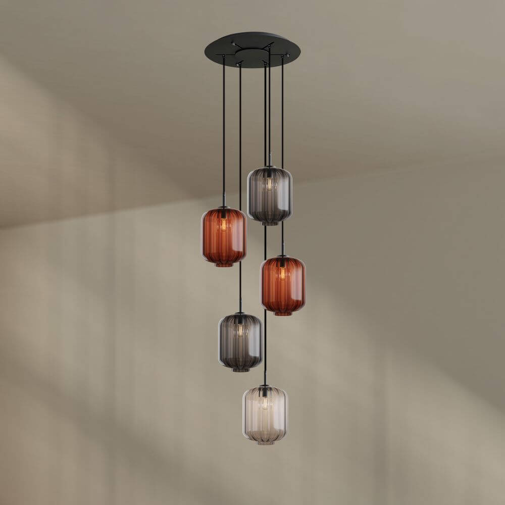 s.luce Velo Galerie-Hängelampe 5-flammig Ø 60cm Baldachin Ø 25cm mit eleganten Glaspendeln in verschiedenen Farben.