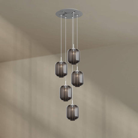 s.luce Velo Galerie-Hängelampe 5-flammig Ø 60cm Baldachin Ø 25cm mit edlen Glaspendeln.
