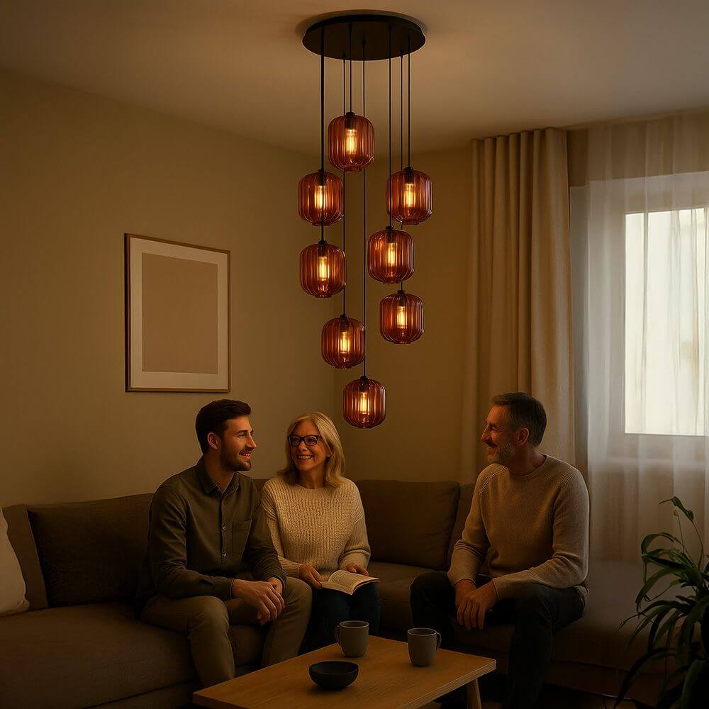 s.luce Velo Galerielampe 8-flammig Ø 80cm Baldachin Ø 20cm im Wohnraum mit Personen