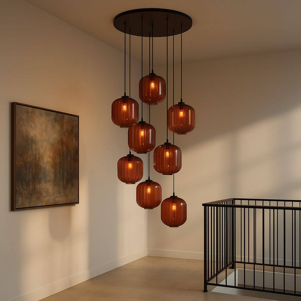s.luce Velo 8-flammige Galerielampe Ø 80cm Baldachin Ø 25cm in einem eleganten Wohnraum.