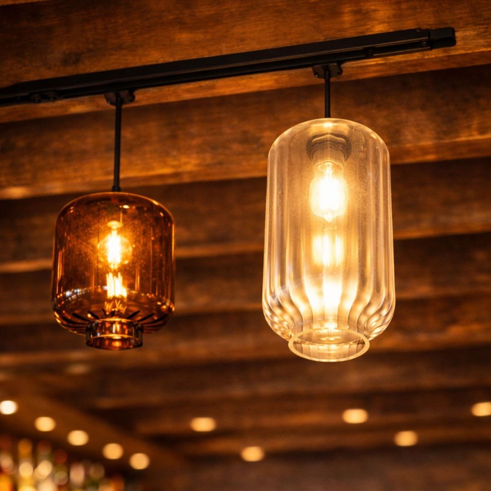 s.luce Velo Glas-Pendelleuchte Aufhängung 150cm Schwarz mit Glaslampen in Rauch und Klar.