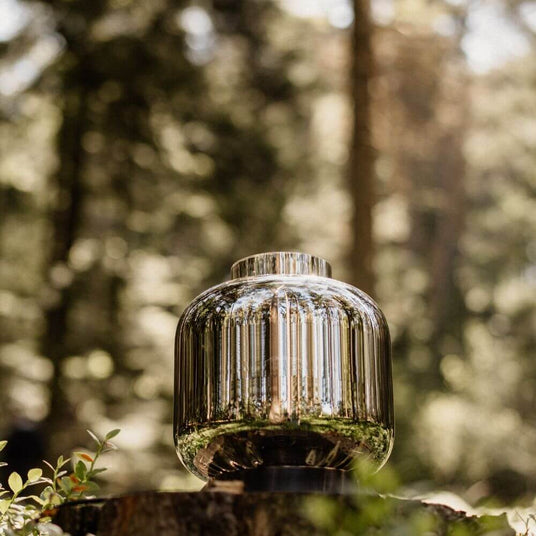 s.luce Velo Glas-Tischleuchte mit Schalter in Glas mit elegantem Design im Wald.