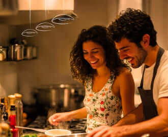 Junges Paar kocht zusammen in moderner Küche und genießt die Vorbereitung von frischen Zutaten.