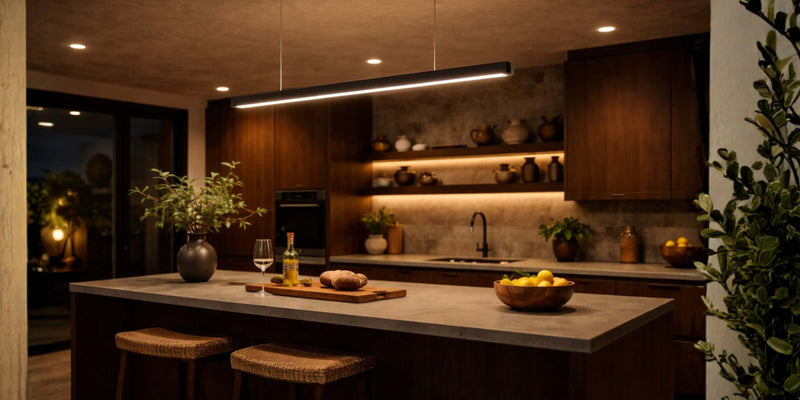 Moderne Küche bei Nacht mit Holzregalen, Pflanzen und gemütlicher Atmosphäre. Stilvoll beleuchtet.