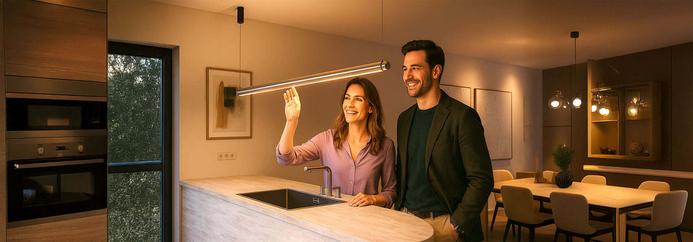 Küchenbeleuchtung: Ein Paar interagiert mit moderner LED-Beleuchtung in einer stilvollen Küche.