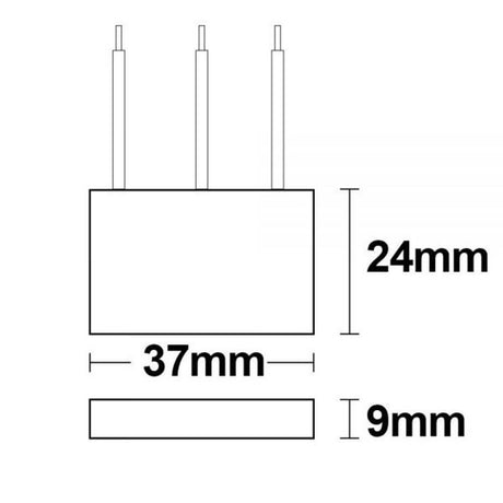 Überspannungsschutz Feinschutz für LED Technik T3 Maßzeichnung mit Abmessungen 37mm x 24mm x 9mm.