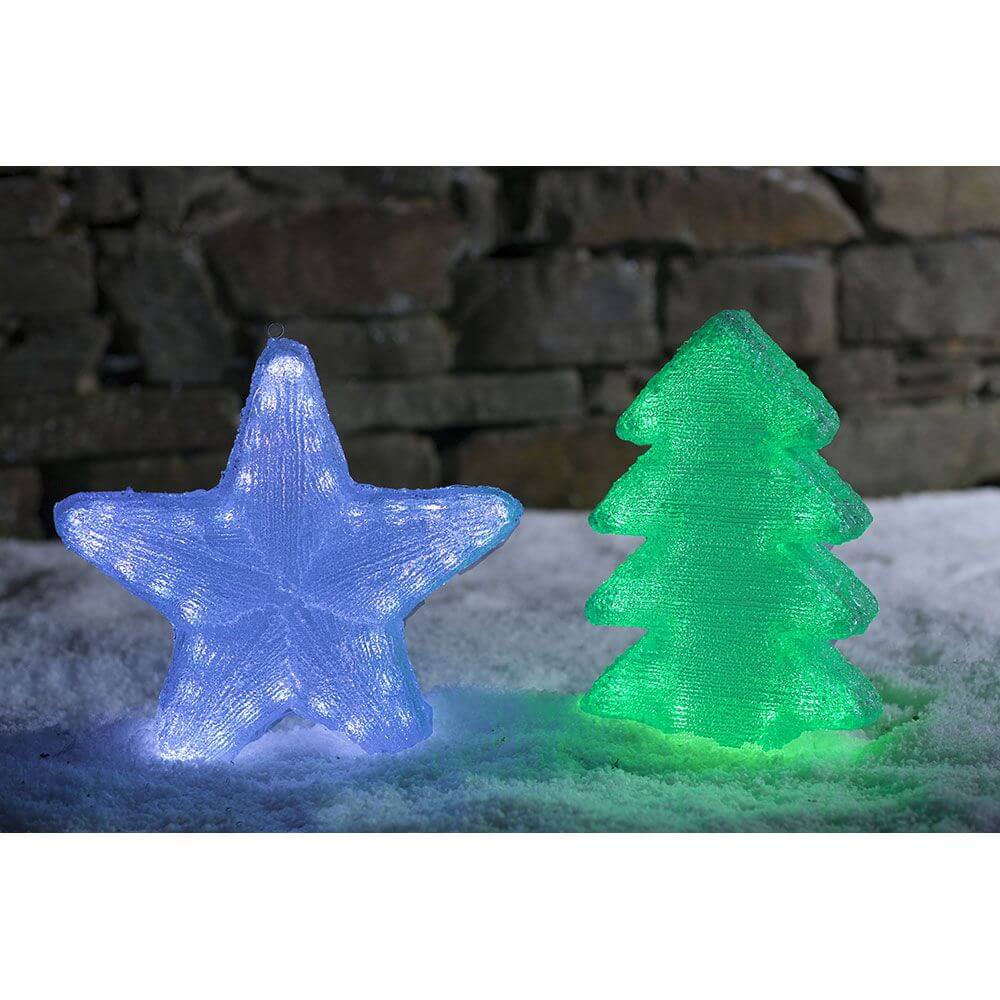 LED Acryl Tannenbaum mit 6 Farbwechselfunktionen 42 RGB Dioden 12V IP44 und leuchtender Stern auf Schnee.