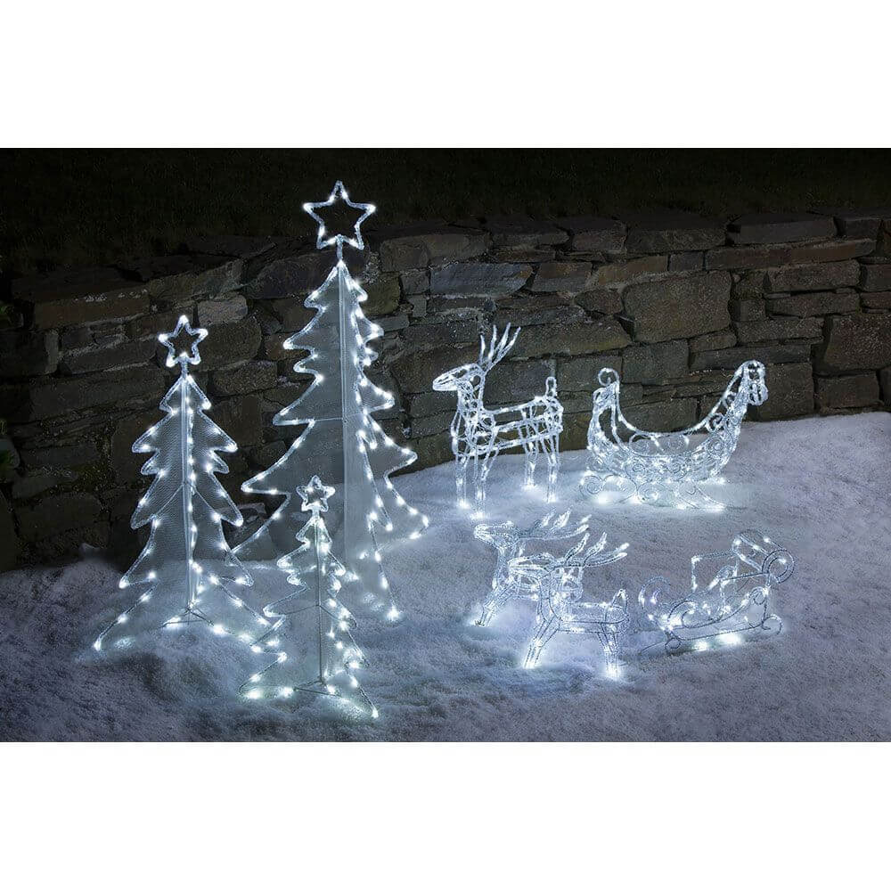 LED Acryl-Set Schlitten mit 2 Rentieren 96 Kaltweiße Dioden 24V, Weihnachtsdekoration im Freien