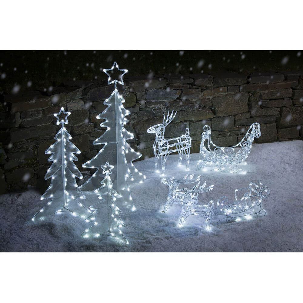 LED Acryl-Set Schlitten mit 2 Rentieren 96 Kaltweiße Dioden 24V, winterliche Dekoration im Freien.