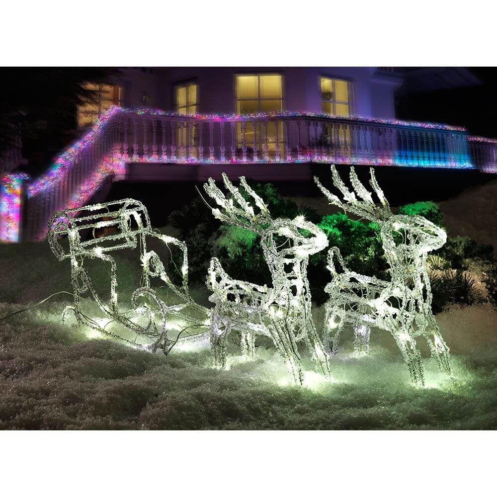 LED Acryl-Set Schlitten mit 2 Rentieren 96 Kaltweiße Dioden 24V für festliche Gartendeko.