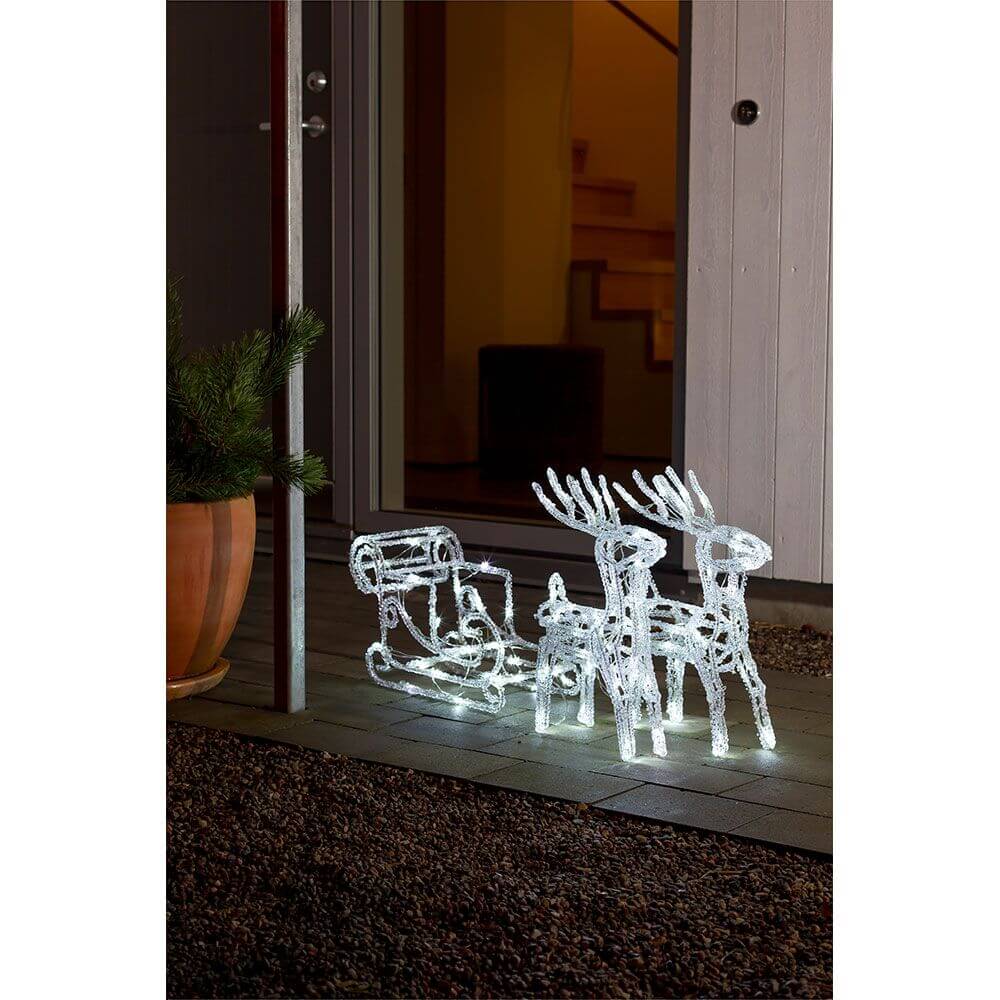 LED Acryl-Set Schlitten mit 2 Rentieren 96 Kaltweiße Dioden 24V - dekorative Weihnachtsbeleuchtung im Garten