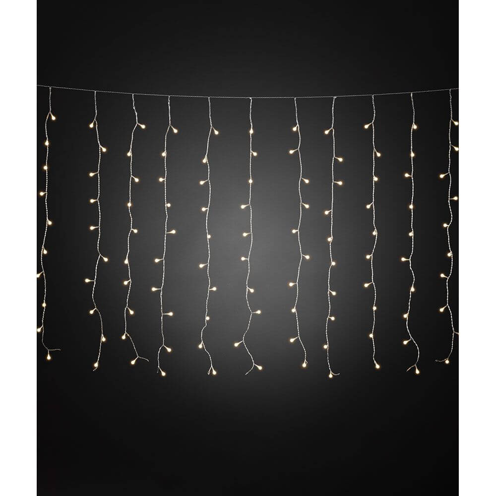 LED Lichtervorhang mit weißen Globes 200 Warmweiße Dioden IP44 - warme Lichter für festliche Dekoration.