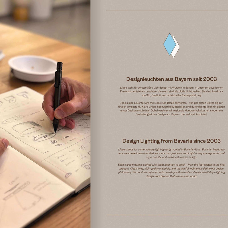 Hand skizziert das Design für moderne Leuchten. s.luce aus Bayern seit 2003. Kreative Lichtideen und innovative Designs.