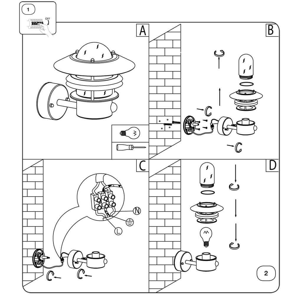 Montageanleitung für Blokhus Außen-Wandleuchte IP54 Schwarz. Schritt-für-Schritt-Bilder zur Installation und Verwendung.