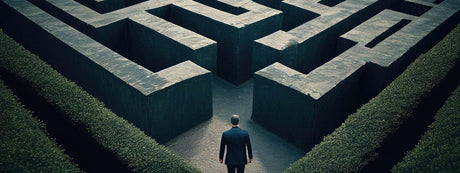 Ein Mann steht vor einem komplexen Labyrinth, das von hohen Hecken umgeben ist.