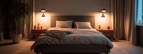 Romantische Schlafzimmerbeleuchtung mit sanften, warmen Lichtern über dem Bett und modernen Möbeln.