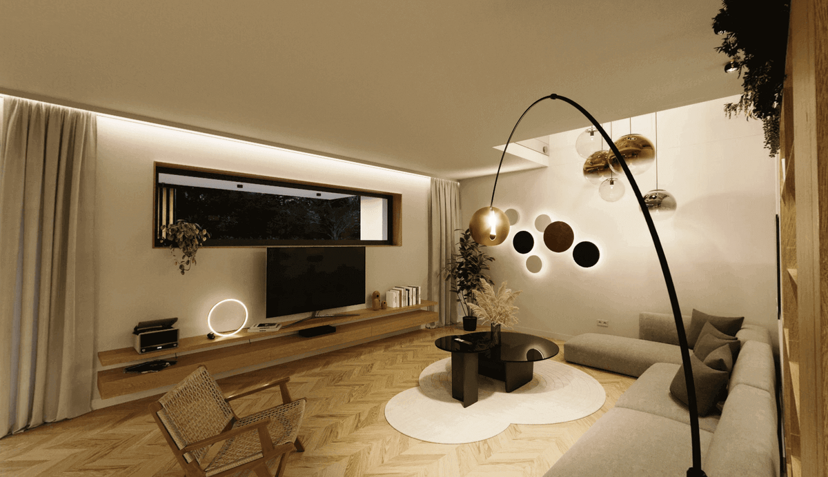 Modernes Wohnzimmer mit stilvollen Wohnstilen, minimalistischer Einrichtung und geschmackvoller Beleuchtung.