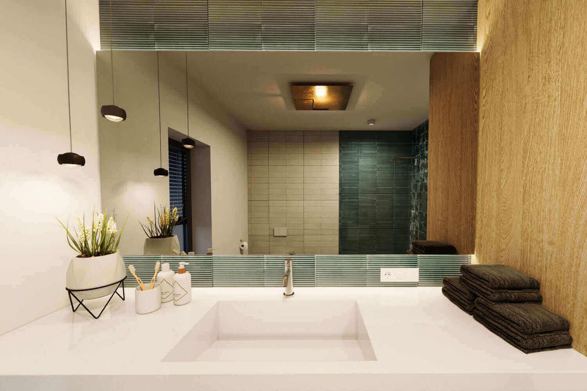 Moderne Badezimmeransicht mit Duschlampe, die zeigt, wie wähle ich die richtige Duschlampe in meinem Badezimmer?