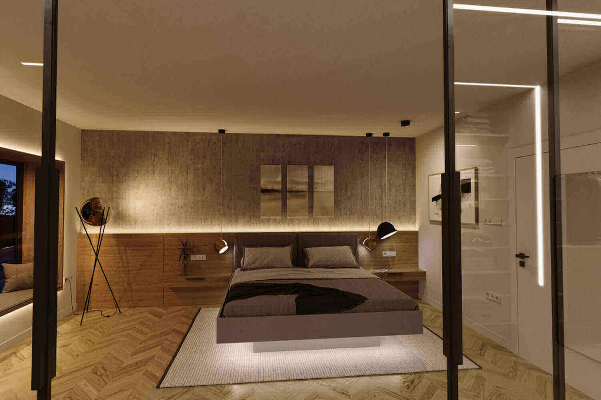 Tipps, wie Du Dein Schlafzimmer stimmungsvoll beleuchtest – stilvolles Schlafzimmer mit moderner Beleuchtung.