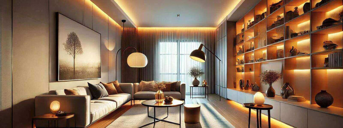 Dim-to-Warm Beleuchtung: Flexibel anpassbare Atmosphären schaffen in einem modernen Wohnzimmer.