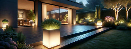 Moderne Gartenansicht mit solarbetriebenen Lichtquellen und stilvollen Pflanzen, perfekt für nachhaltige Beleuchtung.