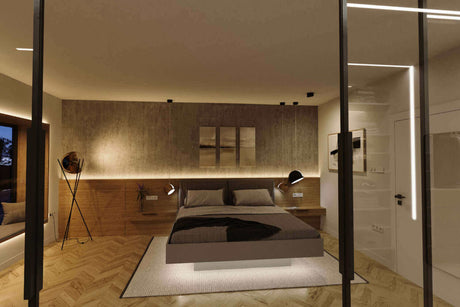 Stimmungsvolles Schlafzimmer mit sanfter Beleuchtung und modernem Design, ideal für entspannende Nächte.