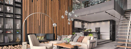 Moderne Wohnzimmergestaltung mit Holzverkleidung, eleganten Pendelleuchten und stilvollem Möbel-Design.