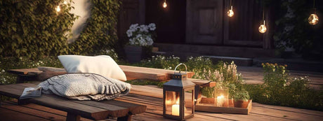 Gemütliche Gartenhausatmosphäre mit einer Lampe und Kerzen auf einer Holzterrasse.