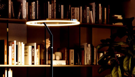Moderne Hotel Stehlampe mit rundem Lichtkreis, zentrale Beleuchtung zwischen Bücherregalen.