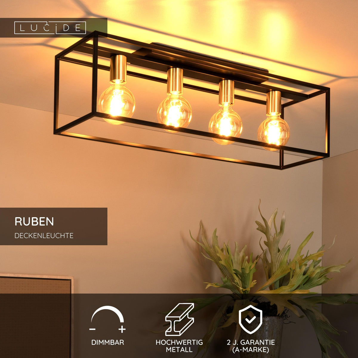 Plafoniera Ruben a 4 luci Retro Nero, Ottone 80cm (5)
