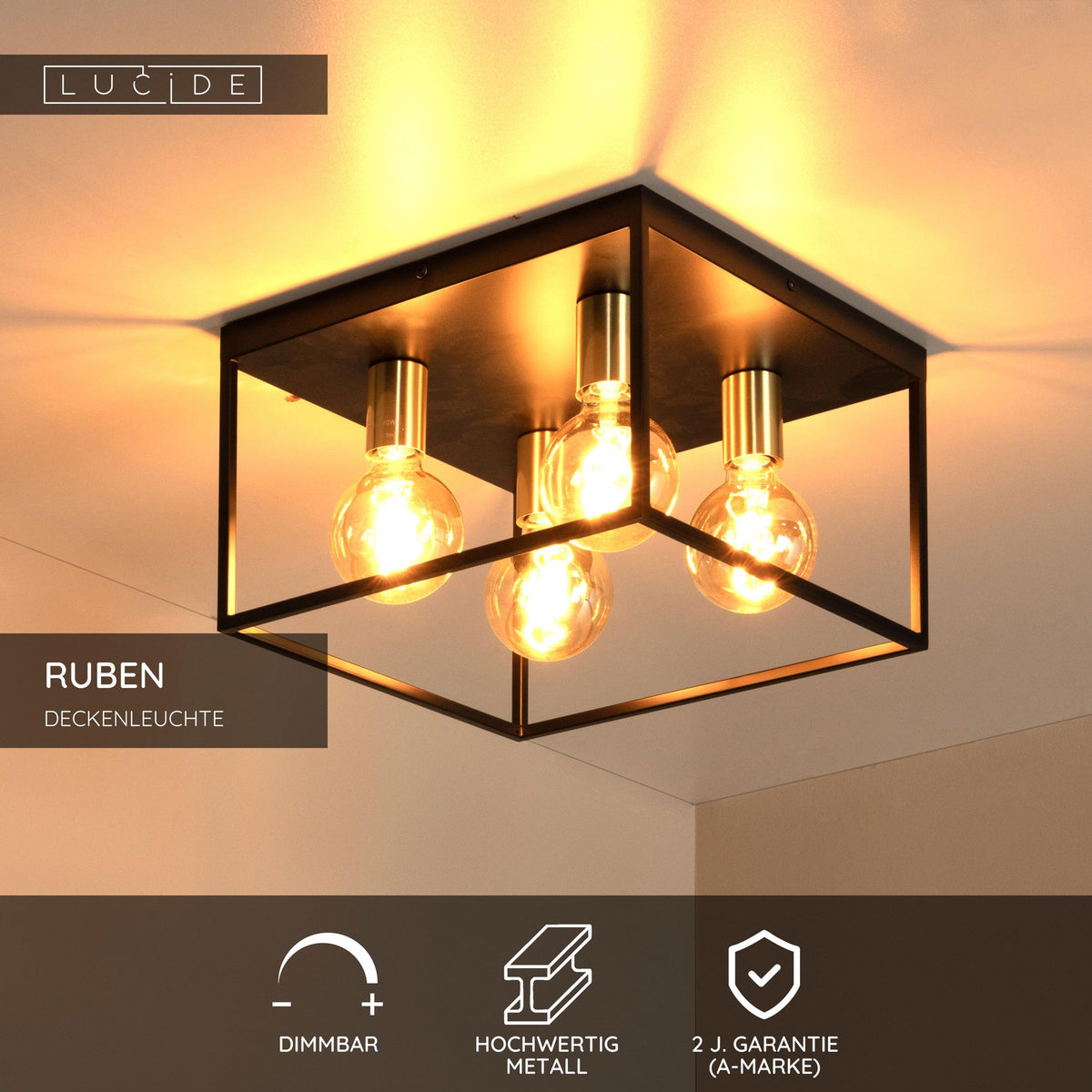 Plafoniera Ruben a 4 luci quadrata Retro Nero, Ottone 36x36cm (5)