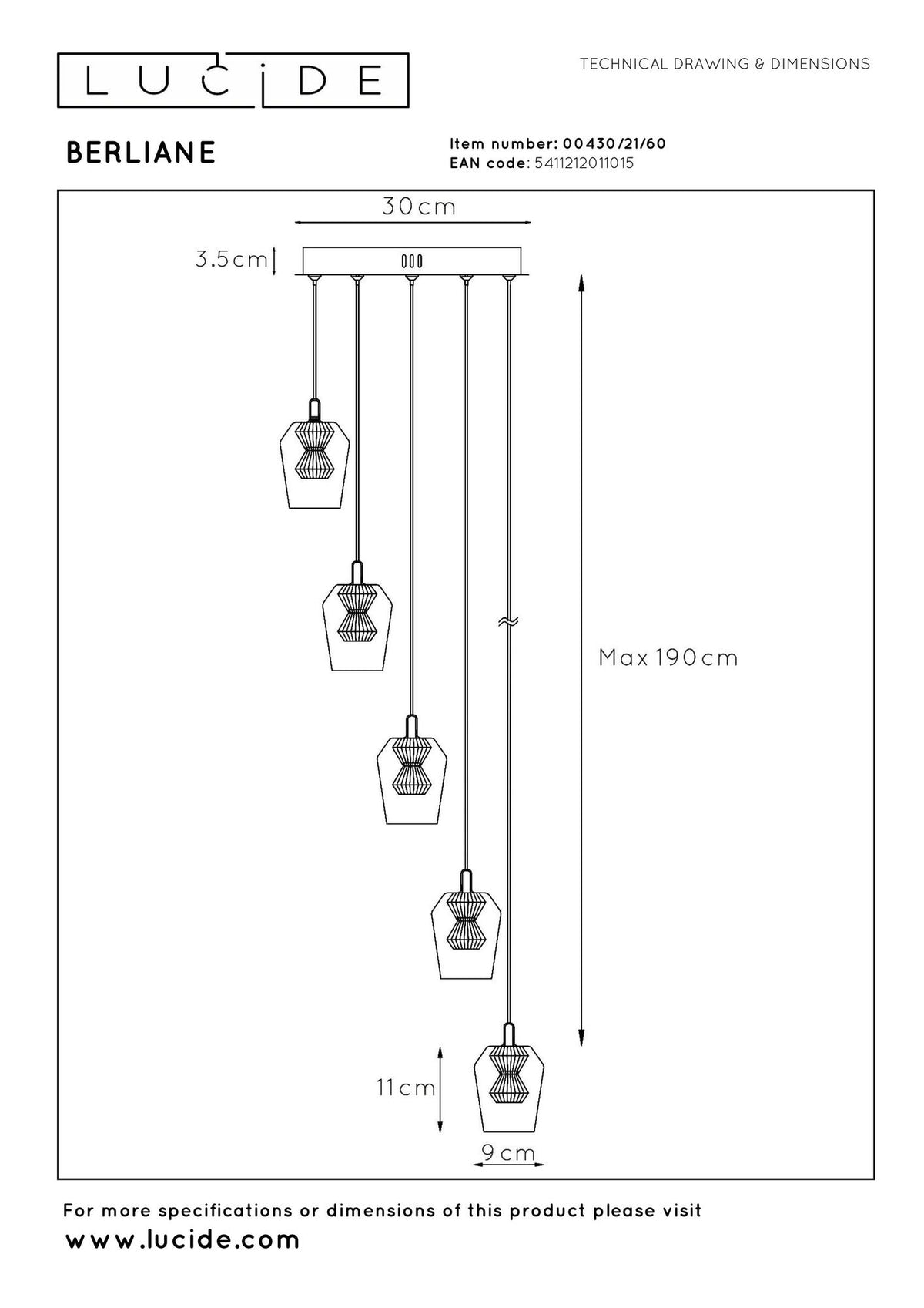 LED-Berliane-riippuvalaisin 5-lamppuinen himmennettävä pyöreä Ø 34cm (6)
