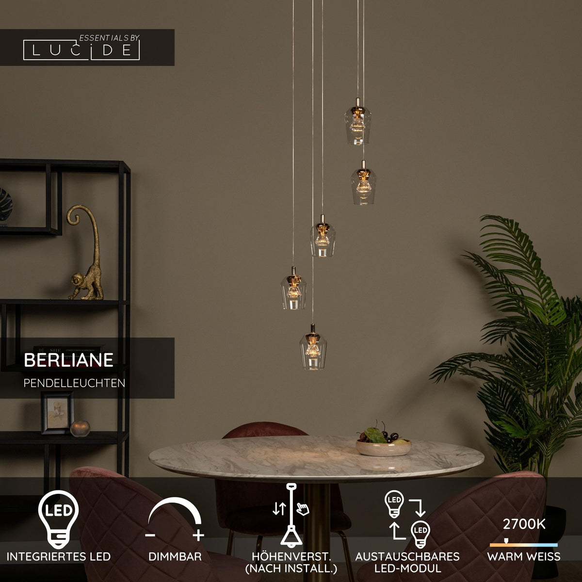 LED-Berliane-riippuvalaisin 5-lamppuinen himmennettävä pyöreä Ø 34cm (5)