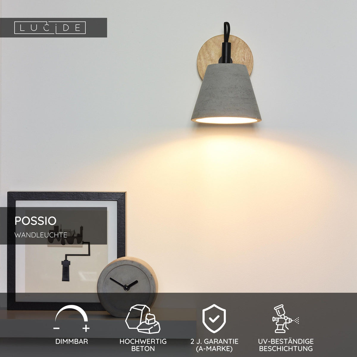 Applique Possio a 1 luce in cemento grigio, legno (3)