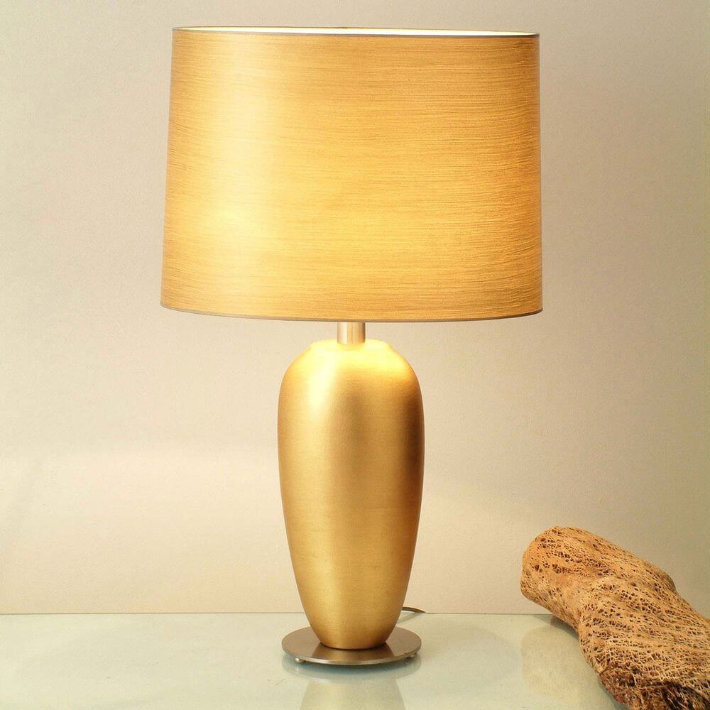 Tischleuchte Omega Oval Keramik-Metall Blattvergoldet-Vernickelt mit goldenem Lampenschirm