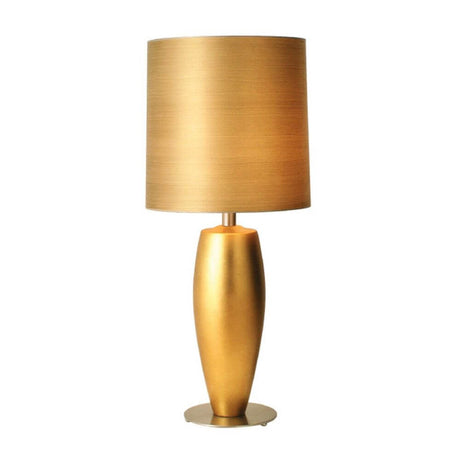 Lampa stołowa Omega Sottile Grande Keramik, złocona płatkami i niklowana, w eleganckim złotym kolorze z satynowym abażurem.