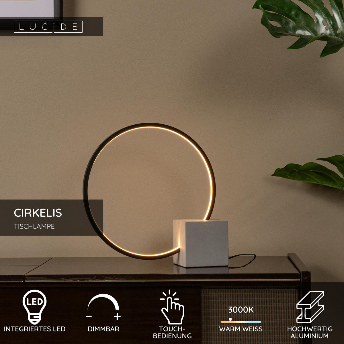 LED-Tischleuchte Cirkelis mit Touchdimmer Schwarz 32cm (5)