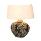 Tischleuchte Toulouse Oval Keramik Glasiert Schwarz-Schlamm mit floralem Design und beiger Lampenschirm.