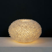 Tischleuchte Sirena Bianco Muscheln-Fiberglas Weiß auf einem Tisch mit weichem Licht.