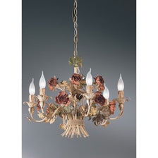 Roseto 6 lampes blanc ancien naturel-antik Ø 64 cm avec décoration de roses et de feuilles.