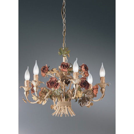 Roseto 6-flamme gammel hvid natur-antik Ø 64cm med roser og blade dekoration.