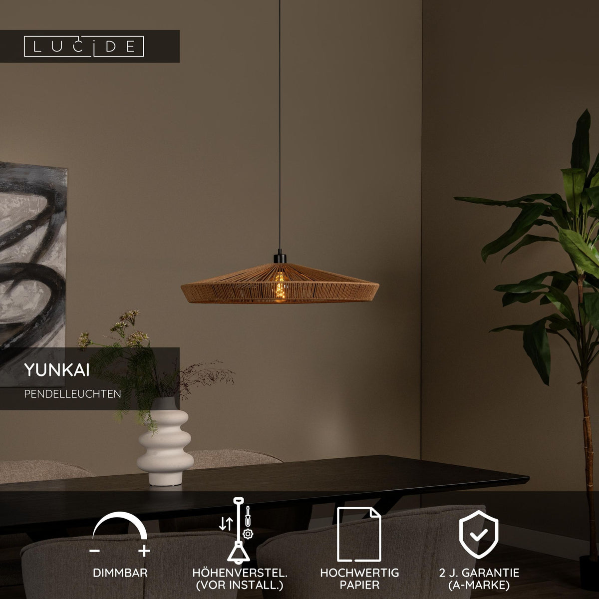 Candeeiro suspenso Yunkai Ø 70cm abajur de papel regulável em altura Natur (6)
