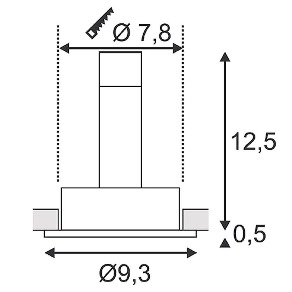 Technische Zeichnung des New Tria GU10 Round Einbautrahler Alu-Gebürstet mit Abmessungen und Maßen.