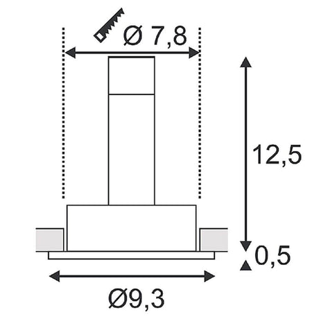 Technische Zeichnung des New Tria GU10 Round Einbautrahler Alu-Gebürstet mit Abmessungen und Maßen.