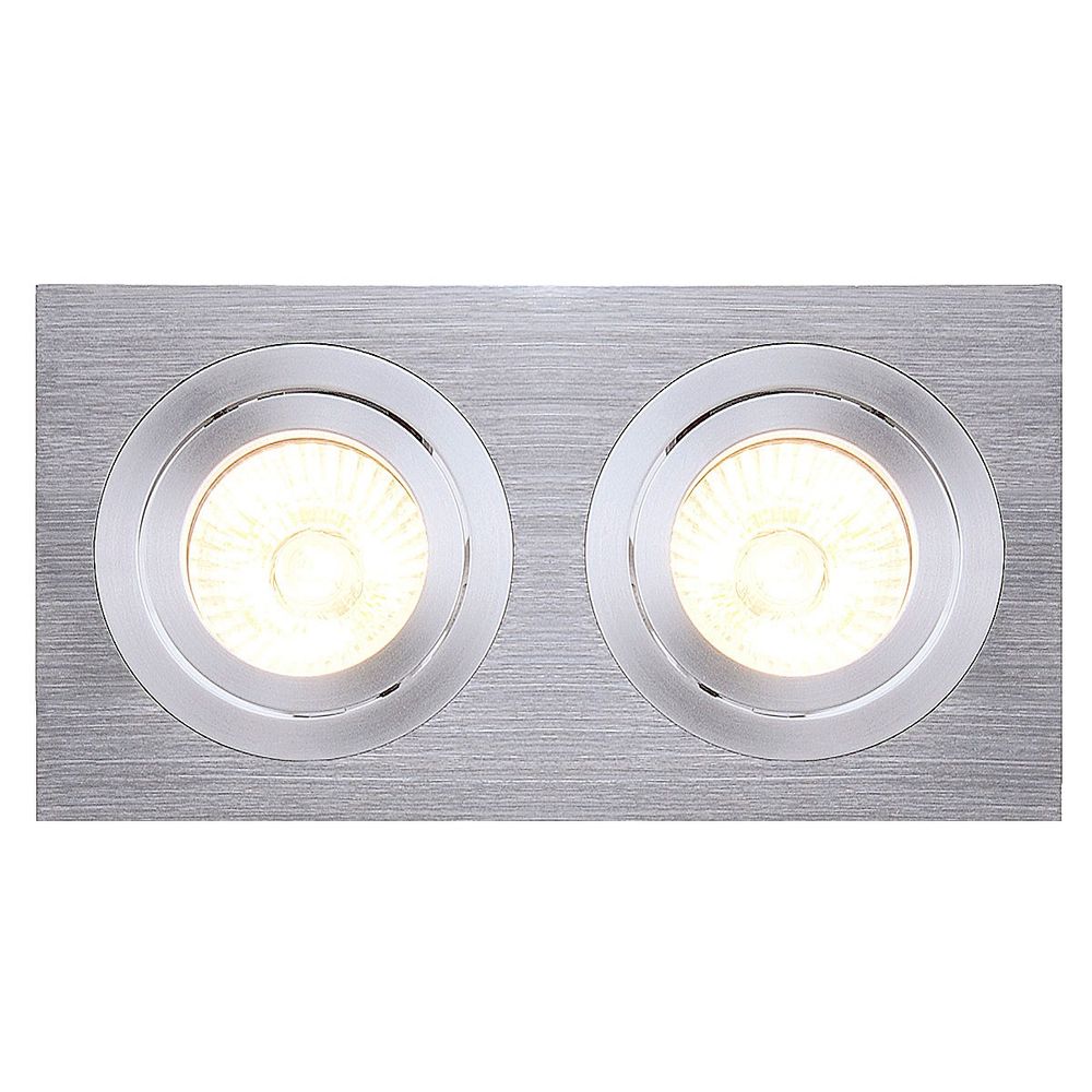 Eckige GU10 Downlight Tria II aus gebürstetem Aluminium mit zwei Leuchtmitteln, ideal für individuelle Lichtgestaltung.