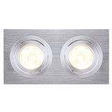 Eckige GU10 Downlight Tria II aus gebürstetem Aluminium mit zwei Leuchtmitteln, ideal für individuelle Lichtgestaltung.