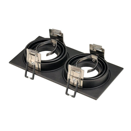 Montageplatte mit zwei verstellbaren Halterungen für GU10 Leuchten, ideal für eine flexible Lichtgestaltung.