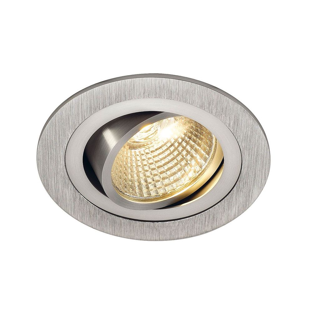 Runder Tria LED Downlight, 6W, Aluminium gebürstet, warmweiße COB LED, schwenkbarer Einsatz.